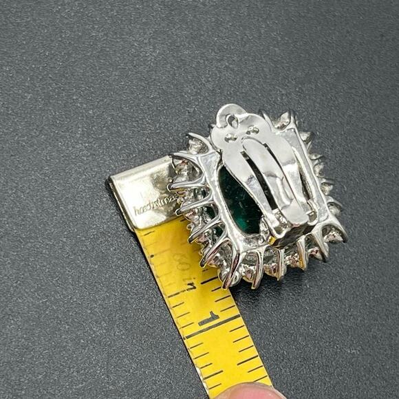 Green Prong Set Rhinestone Open Back Stacked Halo Silver Tone Clip on Earrings - Picture 7 of 7